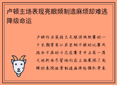 卢顿主场表现亮眼频制造麻烦却难逃降级命运 卢顿主场表现亮眼频制造麻烦却难逃降级命运