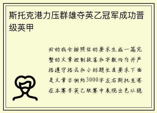 斯托克港力压群雄夺英乙冠军成功晋级英甲